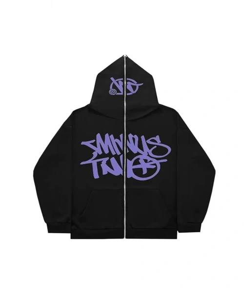 Mor Minus Two Yazı Baskılı 3 iplik Kalın Fermuarlı Oversize Unisex Full Zip Siyah Hırka