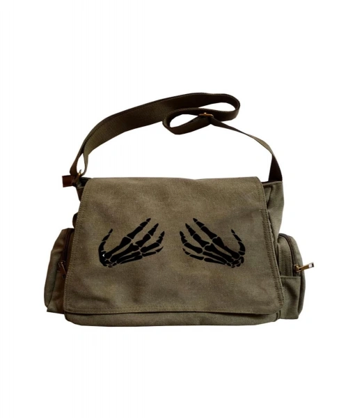 Morera Butik Skeleton Hands Baskılı Unisex Yeşil Postacı Çantası