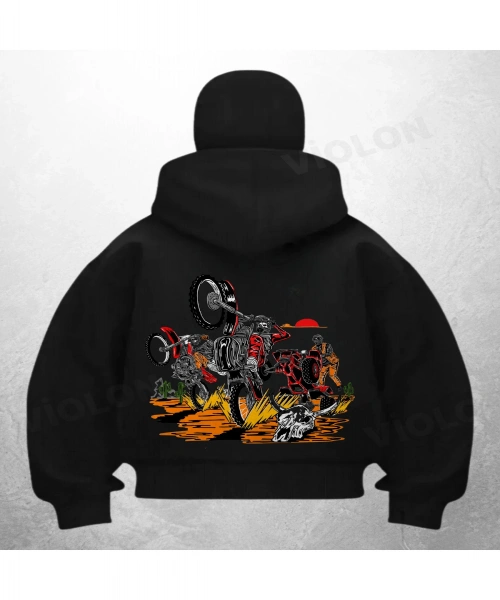 Motorcular Baskılı Siyah Samuray Kar Maske Sweatshirt Hırka