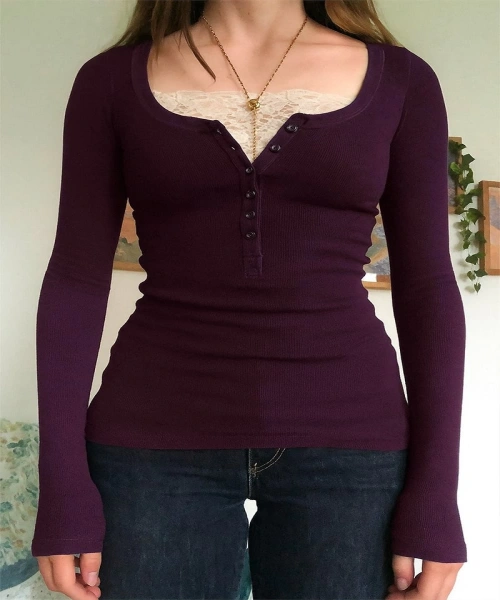 Mürdüm Düğme Detaylı Dantel Yaka Uzun Kollu Bluz