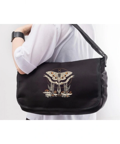 New Colletion Butterfly & Mushrooms Baskılı Unisex Siyah Postacı Çantası