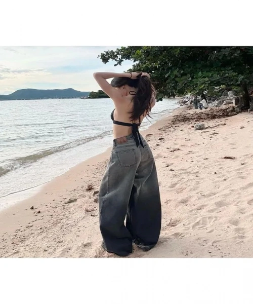 New Style Gri Parçalı Baggy Jean Pantolon