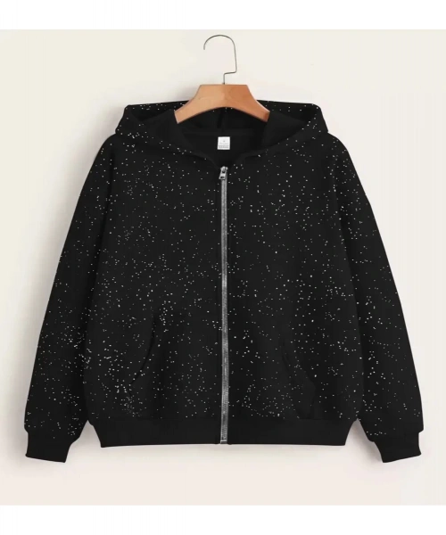 Parıltılı Taş Baskılı Kapüşonlu Oversize 3 İplik Hırka