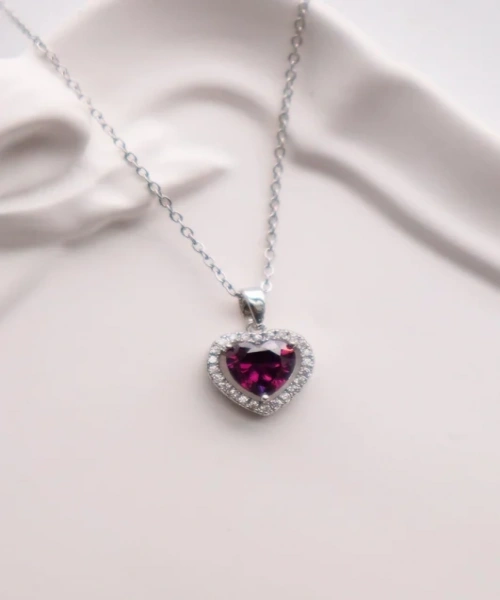 Paslanmaz Çelik Gümüş Renk Taşlı Mor Kalp Kolye