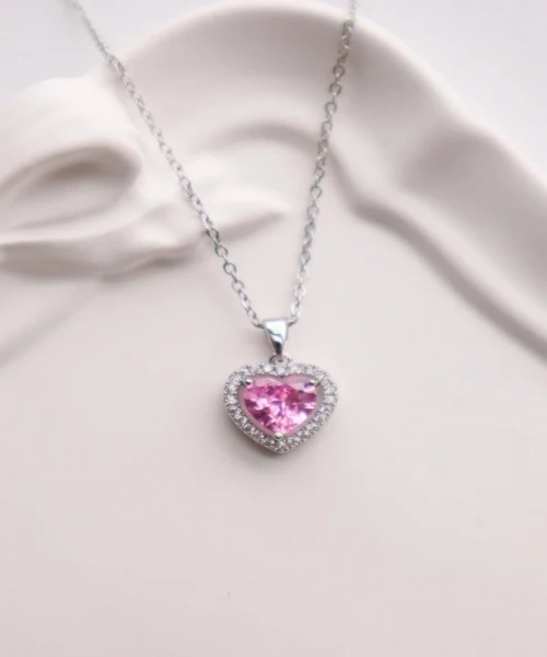 Paslanmaz Çelik Gümüş Renk Taşlı Pembe Kalp Kolye