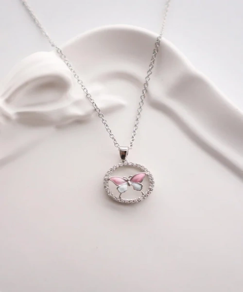 Paslanmaz Çelik Gümüş Renk Taşlı Yuvarlak Pembe Mavi Kelebek Kolye
