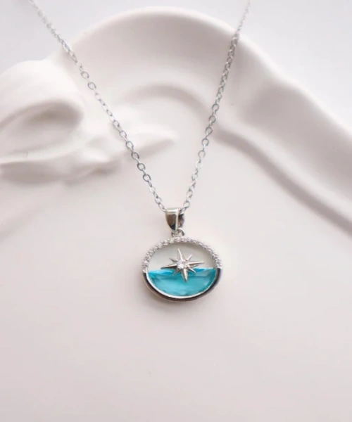 Paslanmaz Çelik Gümüş Renk Zirkon Taşlı Deniz Görünüm Kutup Yıldızı Kolye