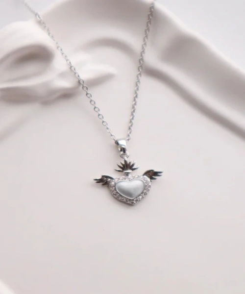 Paslanmaz Çelik Gümüş Renk Zirkon Taşlı Kanat Kalp Kolye