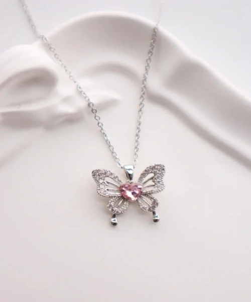 Paslanmaz Çelik Gümüş Renk Zirkon Taşlı Kelebek Kolye