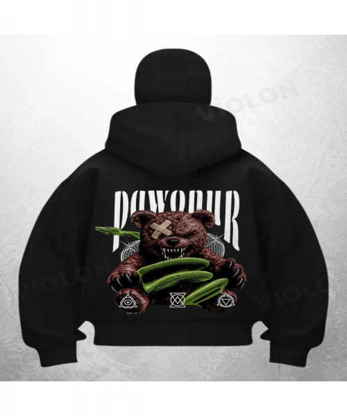 Pawour Bear Baskılı Siyah Samuray Kar Maske Sweatshirt Hırka