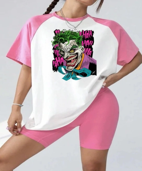 Pembe Beyaz Reglan Kollu Joker Baskılı T-Shirt