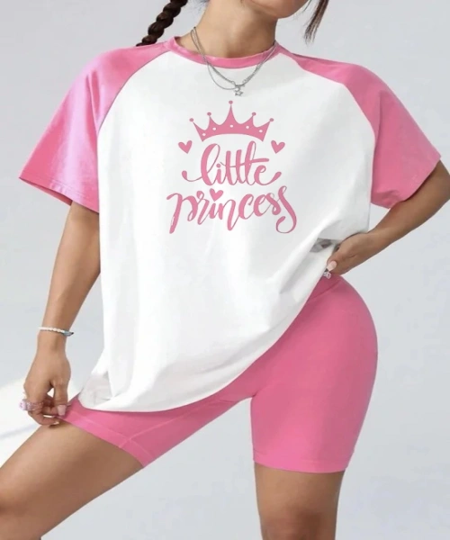 Pembe Beyaz Reglan Kollu Little Princess Baskılı T-Shirt
