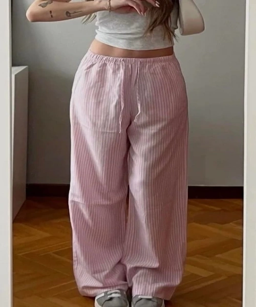 Pembe Çizgili Beli Lastikli Y2K Bol Paça Pantolon