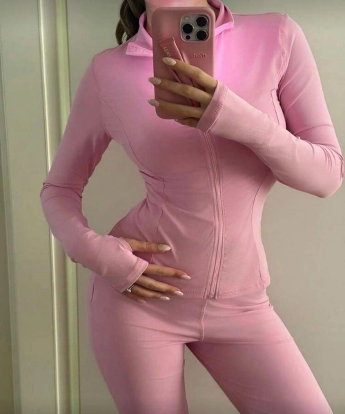 Pembe Combo Fermuarlı Fit Spor Takım