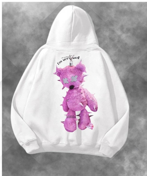 Pembe Dikenli Ayı Baskılı Unisex Oversize Kapüşonlu Sweatshirt