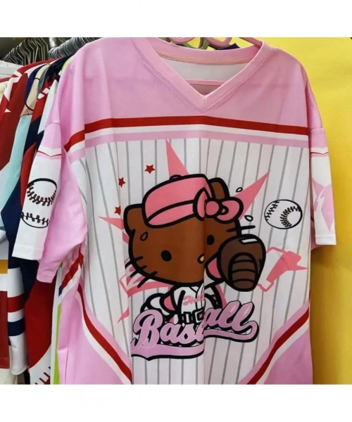 Pembe Hello Kitty Beyzbol Baskı Detail Jersey Kısa Kol Forma