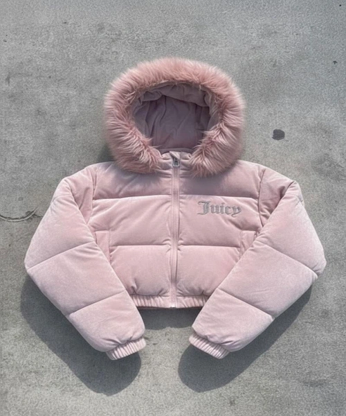 Pembe Juicy Peluş Kapüşonlu Şişme Crop Mont