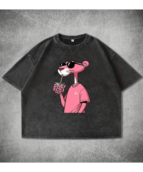 Pembe Panter Baskı Detaylı Oversize Unisex Kısa Kol Tshirt