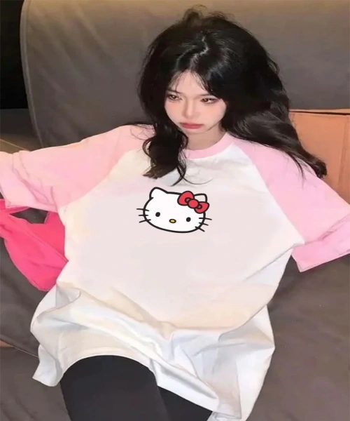 Pembe Reglan Kol Hello Kitty Model Kısa Kollu Tişört