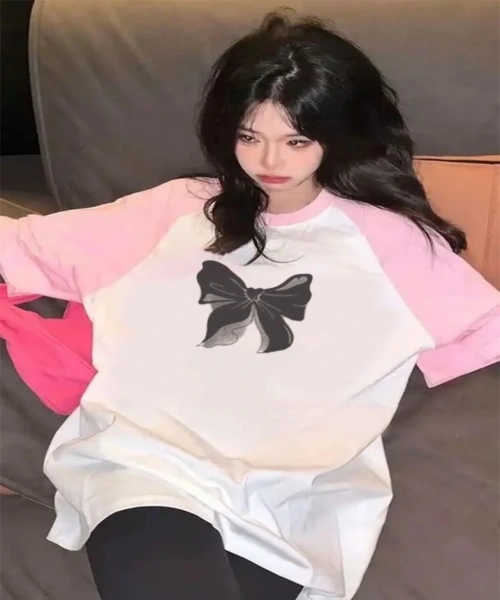 Pembe Reglan Kol Kurdele Baskı Kısa Kollu Tişört