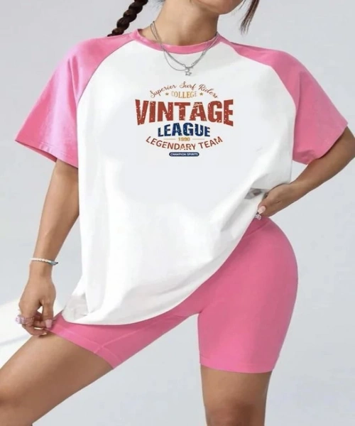Pembe Reglan Kol Vintage Baskı Model Kısa Kollu Tişört