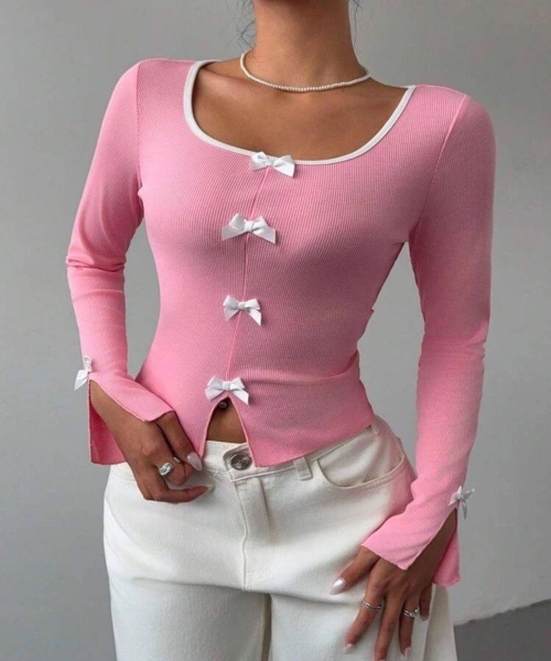 Pembe Ribbon Dekolteli Uzun Kollu Crop