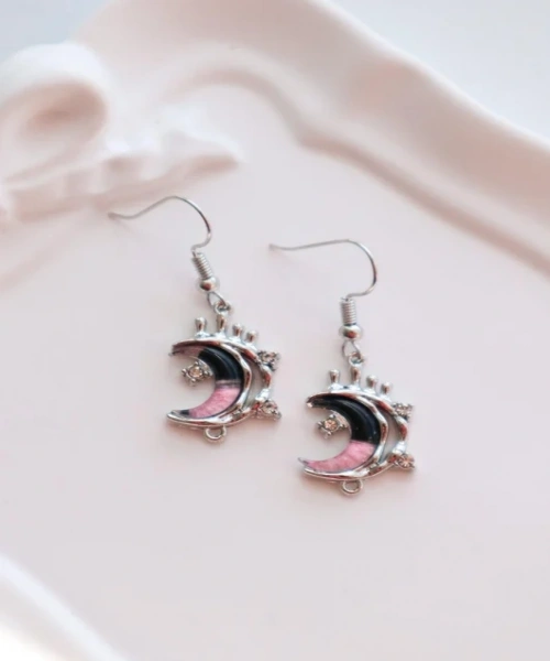 Pembe Siyah Mini Taş Detaylı İthal Küpe