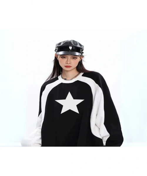 Pofidi Vintage Y2K Streetwear Star Baskılı Siyah Unisex Oversize Bisiklet Yaka Sweatshirt