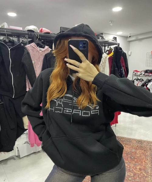 Porsche taş baskılı siyah renk oversize sweatshirt