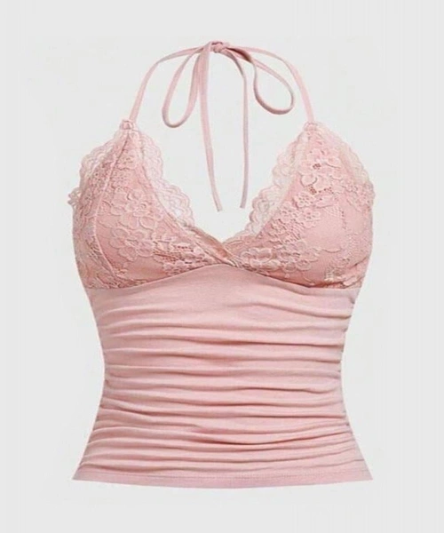 Pudra Dantelli V Yaka Gothic Boyun Bağlamalı Full Body Crop