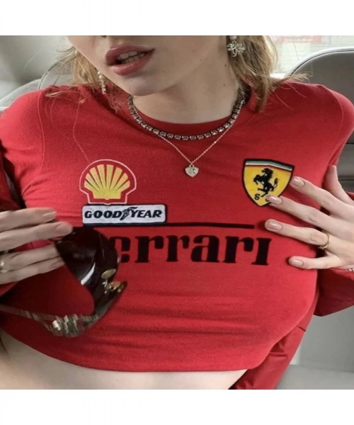 Race Baskılı Kırmızı Crop Bluz