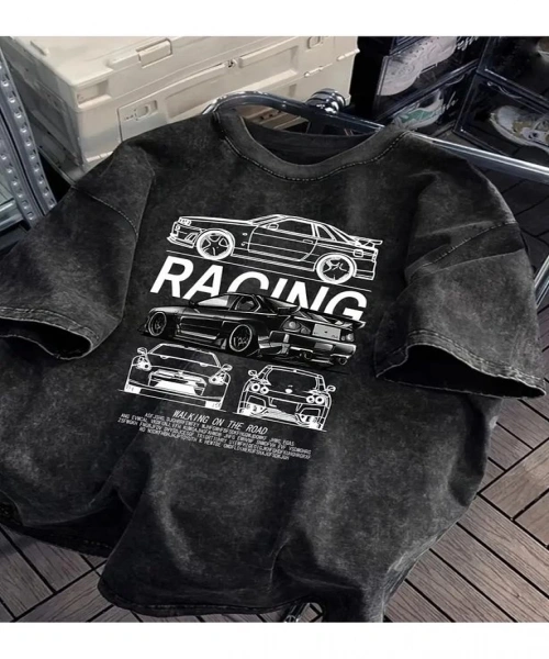 Racing Baskılı Yıkamalı Vintage Unisex Oversize T-Shirt