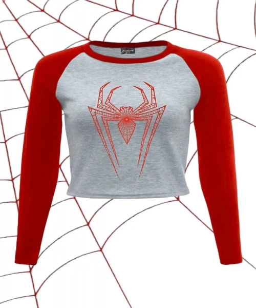Reglan Kol Kırmızı Spider Kadın Crop Body