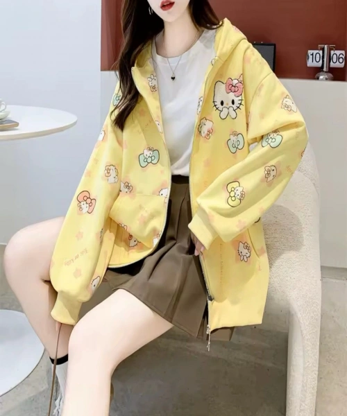 Retro karikatür Hello Kitty tam baskı kazak Streetwear kadın hırka fermuarlı kapüşonlu eşofman üstü