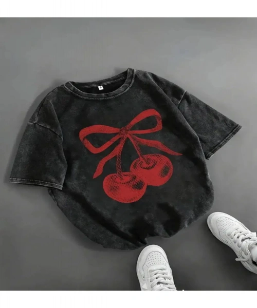 Ribbon Cherry Baskı Detaylı Oversize Unisex Kısa Kol TShirt