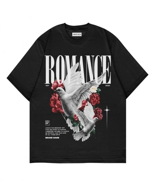 Romance Baskılı Siyah Renk Oversize Baskılı T-Shirt