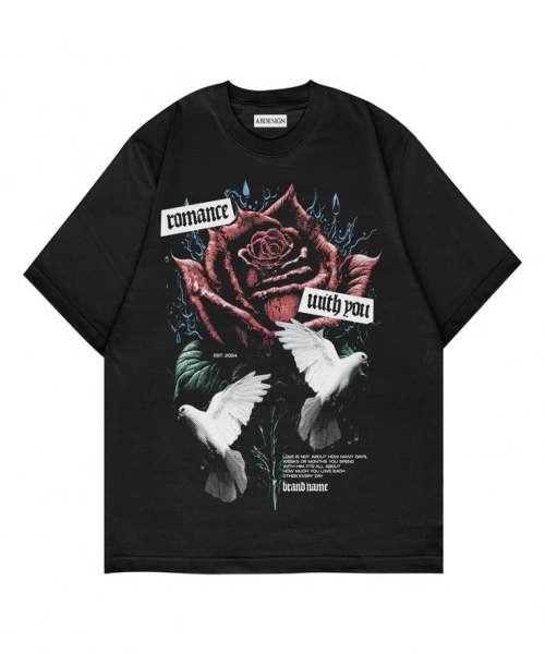 Romance With You Baskılı Siyah Renk Oversize T-Shirt
