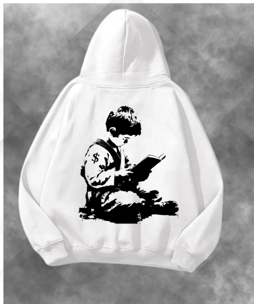 Banksy Tarzı Okuyan Baskılı Unisex Oversize Kapüşonlu Sweatshirt