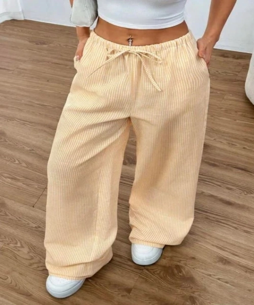 Sarı Çizgili Beli Lastikli Y2K Bol Paça Pantolon