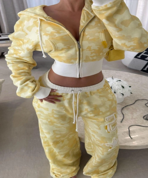 Sarı Kamuflaj Baggy Alt Üst Eşofman Takımı ( 3 İplik Şardonlu)