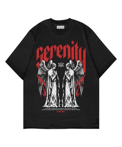Serenity Baskılı Siyah Renk Oversize T-Shirt
