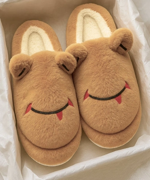 Sevimli Yüz Yumuşak Tüylü Açık Kahverengi Peluş Panduf Terlik