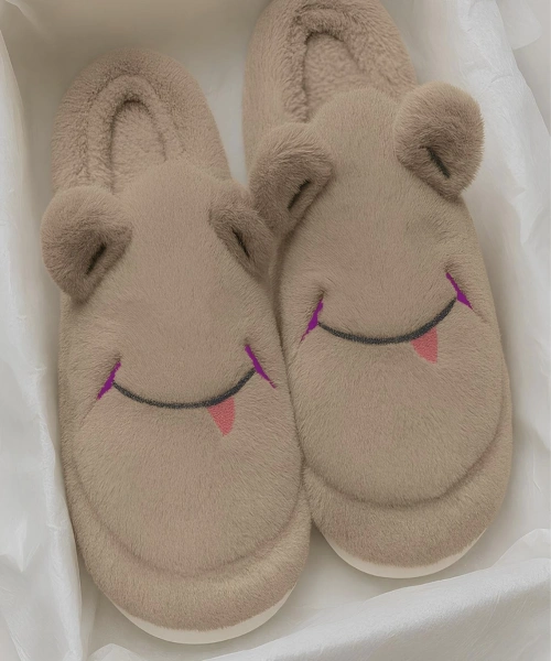 Sevimli Yüz Yumuşak Tüylü Kahverengi Peluş Panduf Terlik