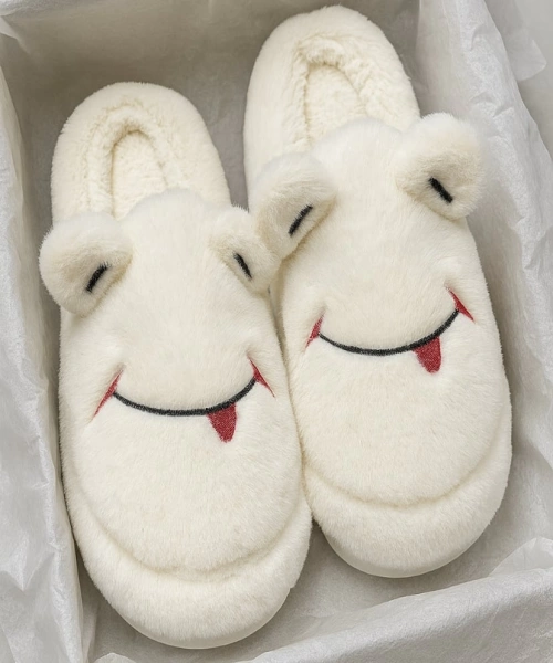 Sevimli Yüz Yumuşak Tüylü Krem Peluş Panduf Terlik