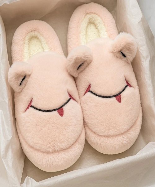 Sevimli Yüz Yumuşak Tüylü Pembe Peluş Panduf Terlik