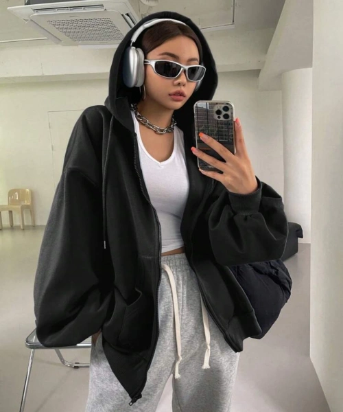 Siyah 3 İplik Unisex Oversize Kapüşonlu Fermuarlı Hırka