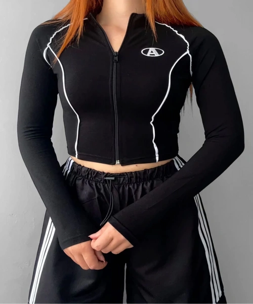 Siyah A Sembol Y2K Fermuarlı Crop Hırka