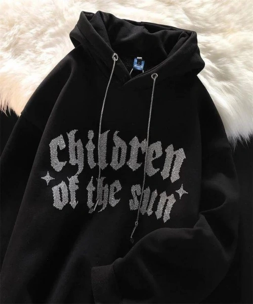 Siyah Children Of The Sun Parıltılı Taş Baskılı Oversize Unisex Sweatshirt
