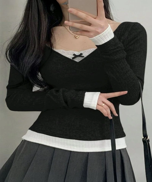 Siyah Dantelli Fiyonklu Ekli Y2K Uzun Kollu Crop