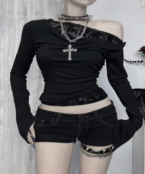 Siyah Dantelli Gotik Omuz Dekolteli Y2K Uzun Kollu Crop